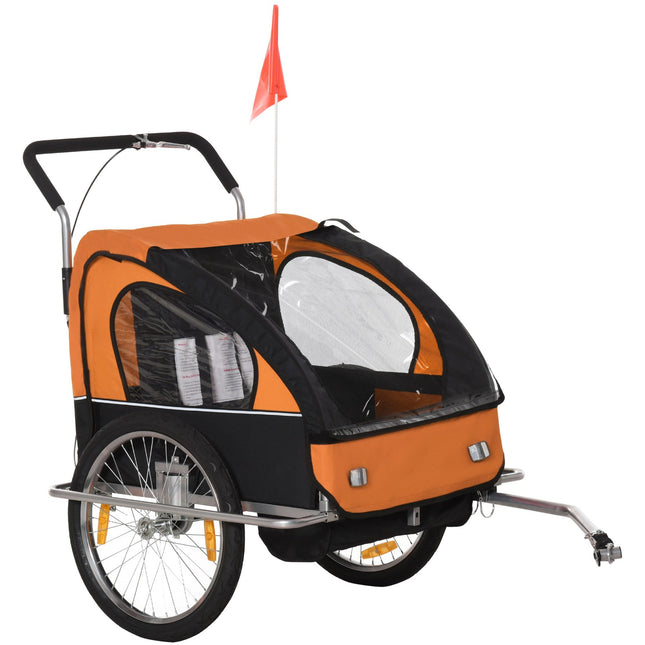 Children's bike carriage for 2 with flag, rain cover, steel
