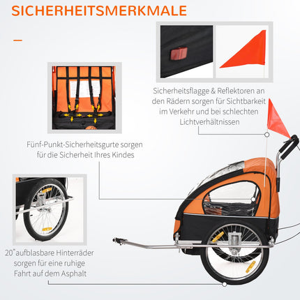 Kinderfahrradanhänger für 2 mit Flagge, Regenschutz, Stahl