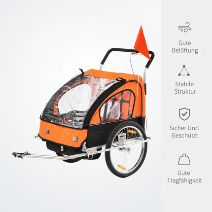 Kinderfahrradanhänger für 2 mit Flagge, Regenschutz, Stahl