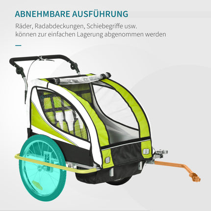 Kinderfahrradanhänger für 2 mit Regenschutz, grün/schwarz