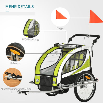 Kinderfahrradanhänger für 2 mit Regenschutz, grün/schwarz