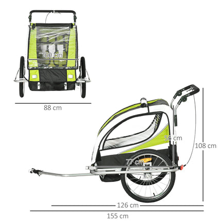 Kinderfahrradanhänger für 2 mit Regenschutz, grün/schwarz