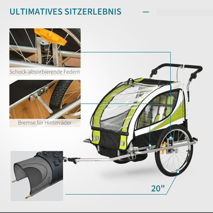 Kinderfahrradanhänger für 2 mit Regenschutz, grün/schwarz