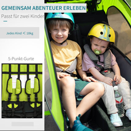 Kinderfahrradanhänger für 2 mit Regenschutz, grün/schwarz