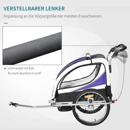 Kinder-Fahrradanhänger für 2 mit Regenschutz, Lila und Schwarz