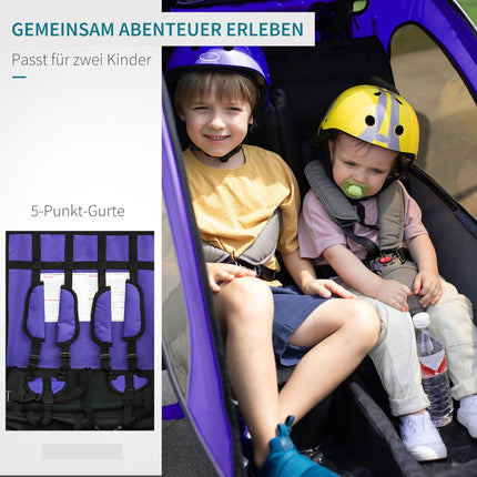 Kinder-Fahrradanhänger für 2 mit Regenschutz, Lila und Schwarz