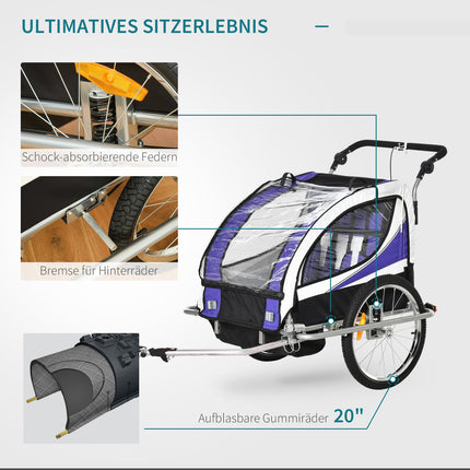 Kinder-Fahrradanhänger für 2 mit Regenschutz, Lila und Schwarz