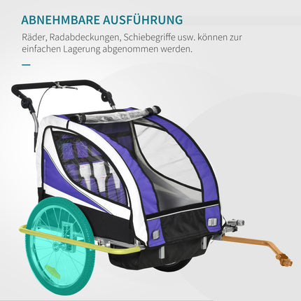 Kinder-Fahrradanhänger für 2 mit Regenschutz, Lila und Schwarz
