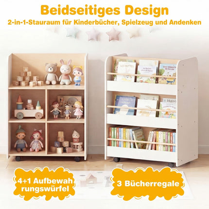Kinder-Bücherregal 3-stöckig mit Rollen, doppelseitige Präsentation