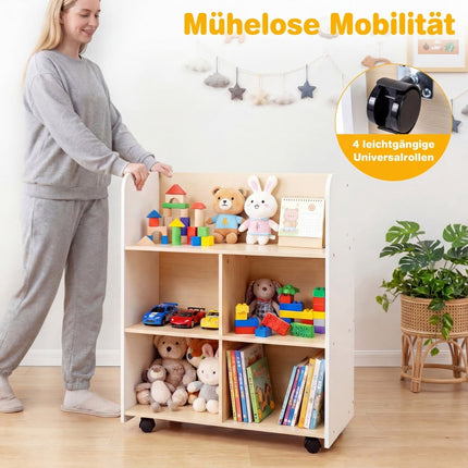Kinder-Bücherregal 3-stöckig mit Rollen, doppelseitige Präsentation