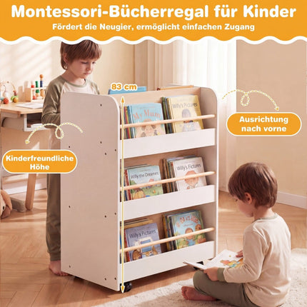 Kinder-Bücherregal 3-stöckig mit Rollen, doppelseitige Präsentation