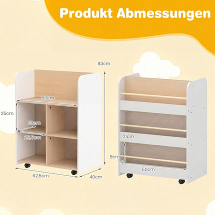 Kinder-Bücherregal 3-stöckig mit Rollen, doppelseitige Präsentation