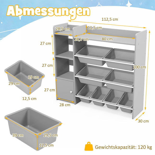 Kinder Spielzeugorganizer mit 4 Ebenen, 8 Behältern, 2 Ablagen