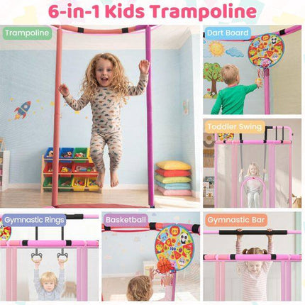 Children's 6-in-1 Trampoline with Swing & Gym Bar, Pink