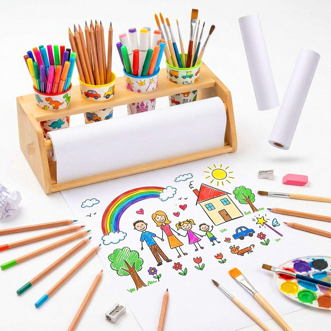 Kinder-Kunststation mit 3 Papierrollen, Kiefernholz