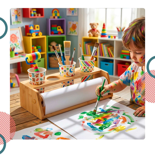 Kinder-Kunststation mit 3 Papierrollen, Kiefernholz