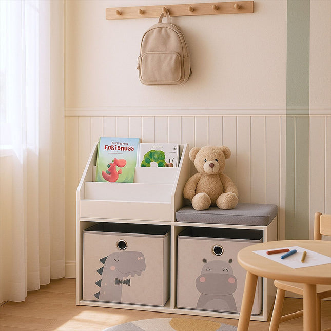 Kinderbank mit Bücherregal – 3-in-1 Aufbewahrungseinheit