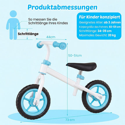 Children's Blue Balance Bike, Adjustable Handlebar, 20 kg Capacity