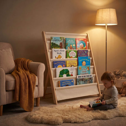 Children's Bookcase, 6 Fabric Pockets, Pine & Cotton