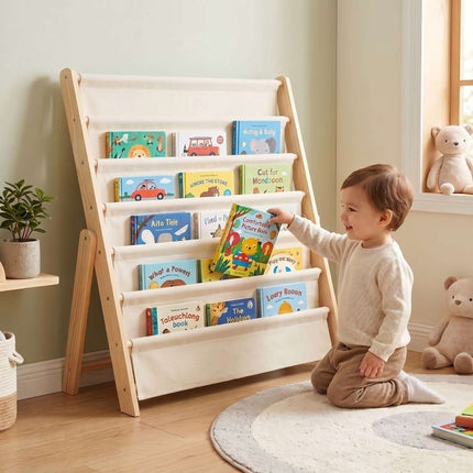 Children's Bookcase, 6 Fabric Pockets, Pine & Cotton