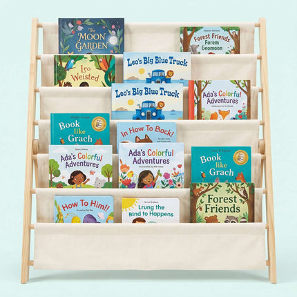 Children's Bookcase, 6 Fabric Pockets, Pine & Cotton