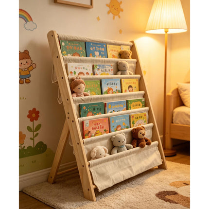 Children's Bookcase, 6 Fabric Pockets, Pine & Cotton