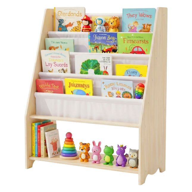 Bücherregal für Kinder mit 4 Stofftaschen, Naturholz