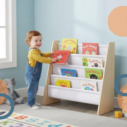 Bücherregal für Kinder mit 4 Stofffächern, Naturholz