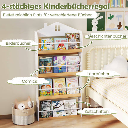 Bücherregal für Kinder, Hausförmig, 4-stöckig, mit Kippschutz