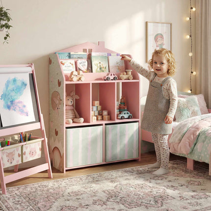 Children's Bookshelf with 2 Fabric Drawers, Pink, 91.5 cm