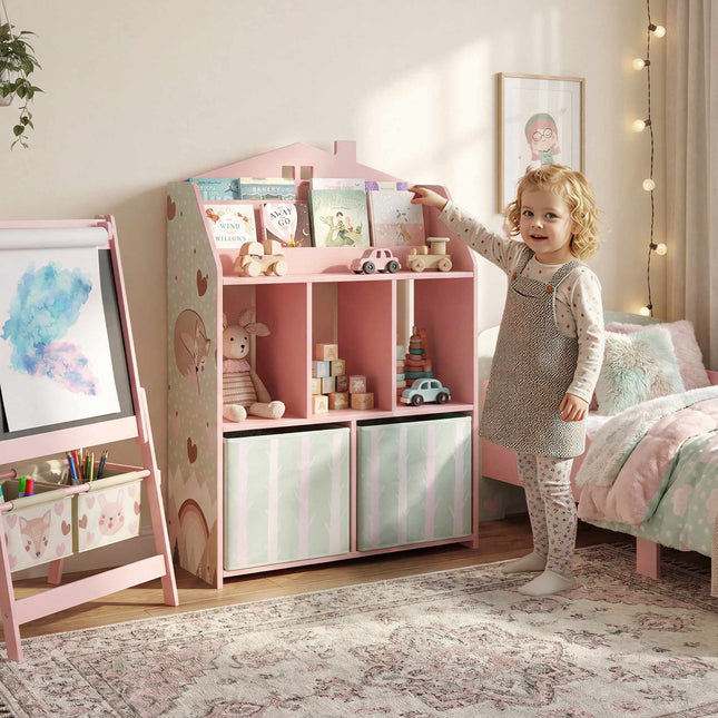 Children's Bookshelf with 2 Fabric Drawers, Pink, 91.5 cm