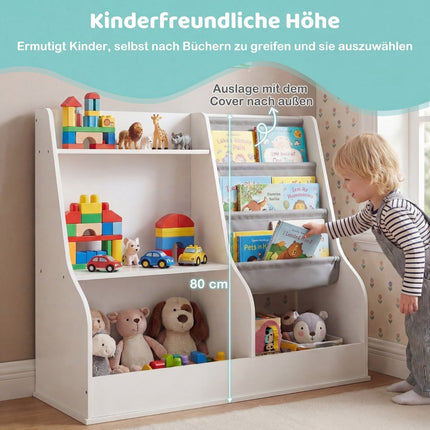 Kinderbücherregal mit 3-stöckigen Stofftaschen, Weiß