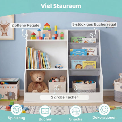 Kinderbücherregal mit 3-stöckigen Stofftaschen, Weiß