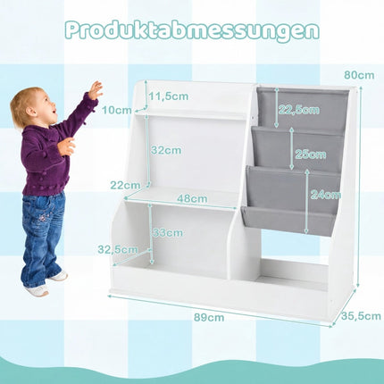 Kinderbücherregal mit 3-stöckigen Stofftaschen, Weiß