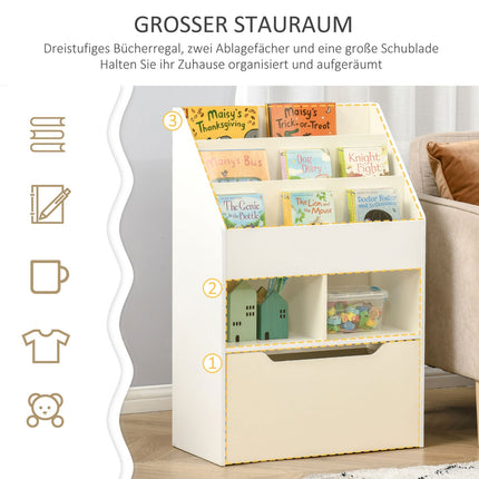 Kinderbücherregal mit Schublade, 3-stöckig, Weiß, 60x30x90 cm