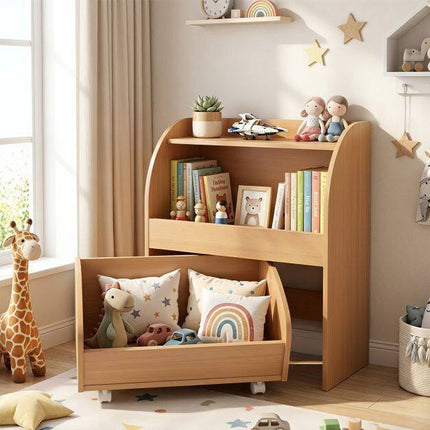 Children's Bookshelf with Drawer & Open Shelves, Natural Wood