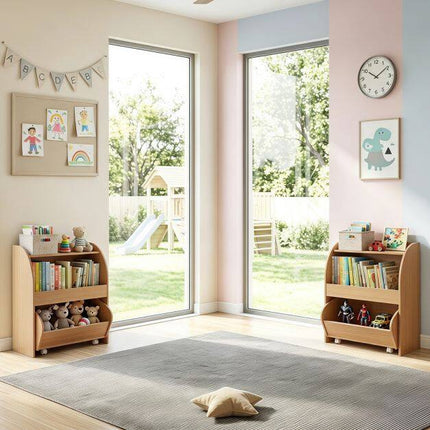 Children's Bookshelf with Drawer & Open Shelves, Natural Wood