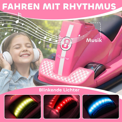Children's Bumper Car, 360 Spin, LED Lights, Music, Pink