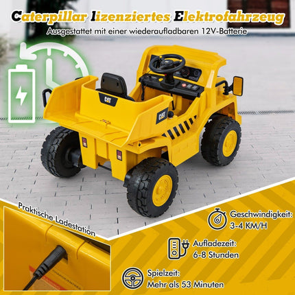Children's Caterpillar electric car 12V dump truck to sit on with sand shovel & tipping bed & megaphone