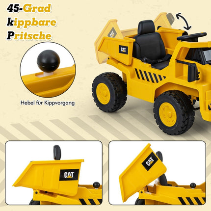 Children's Caterpillar electric car 12V dump truck to sit on with sand shovel & tipping bed & megaphone