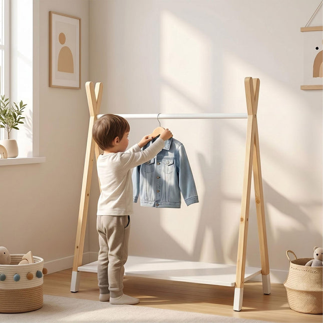 Children's Coat Rack, Pine/MDF, Natural & White, 100cm