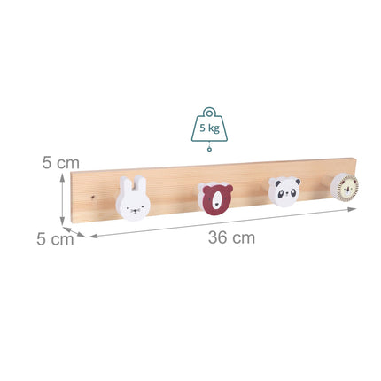 Children's Coat Rack with 4 Animal Hooks, Multicoloured