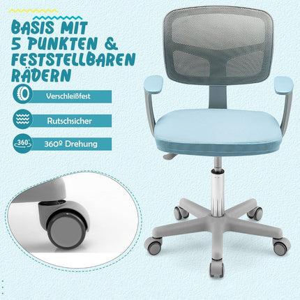 Kinder-Computerstuhl mit verstellbarer Höhe und selbstblockierenden Rädern 54 x 54 x 80 – 91,5 cm Blau + Grau