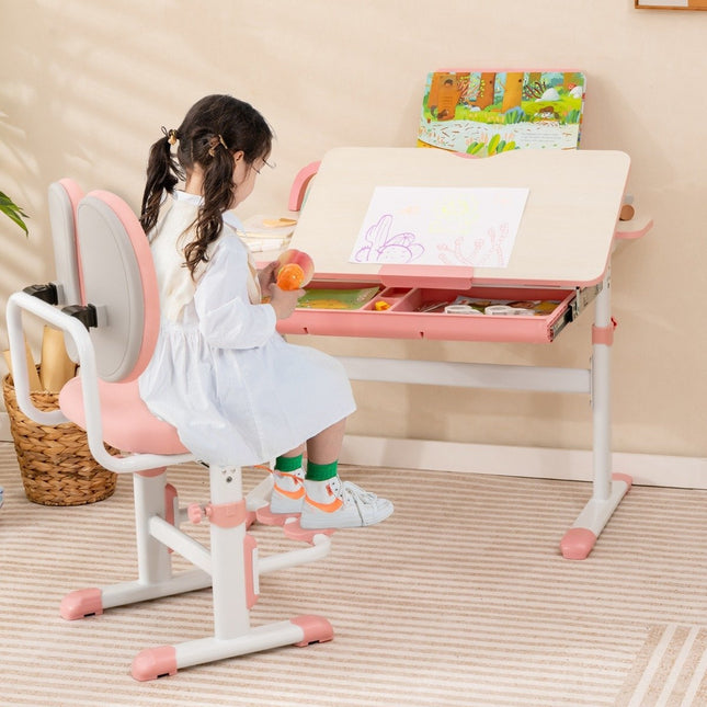 Bureau pour enfant, hauteur réglable de 51 à 73 cm, plateau inclinable (table rose)