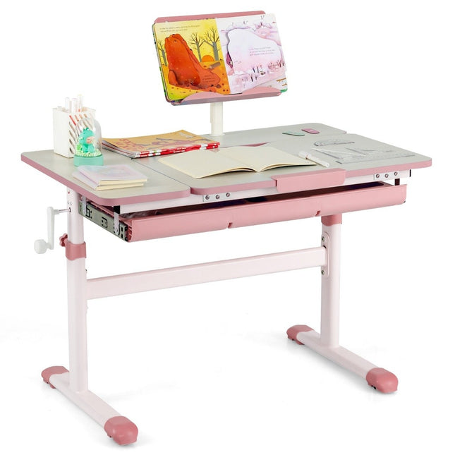 Bureau pour enfant, hauteur réglable de 51 à 73 cm, plateau inclinable (table rose)