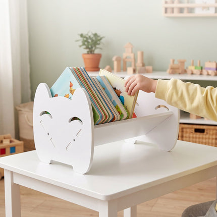 Children's Desk Bookshelf with Cat Design, White PVC, 3 kg Load