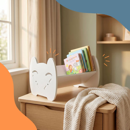Children's Desk Bookshelf with Cat Design, White PVC, 3 kg Load