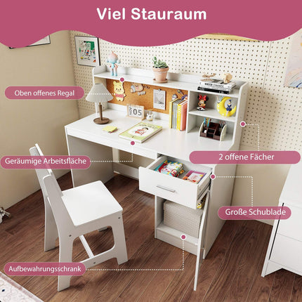 Schreibtisch- und Stuhl-Set für Kinder mit Regalen und Schublade, Weiß