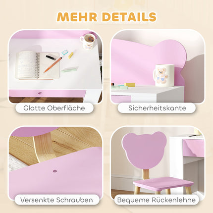 Schreibtisch- und Stuhlset für Kinder, Bären-Design, Rosa, 3–8 Jahre