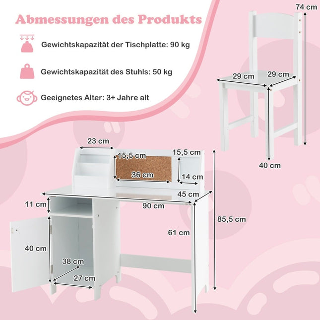 Kinderschreibtisch-Set mit Stuhl, Korktafel & Ablage